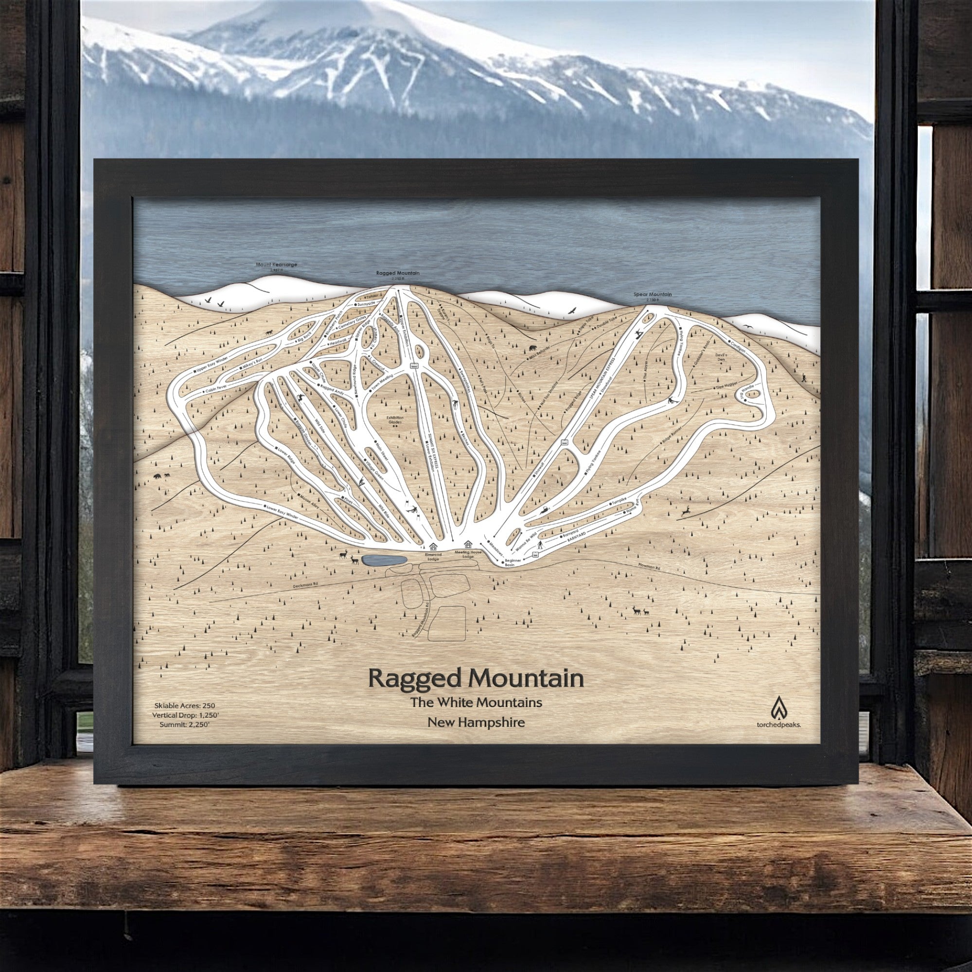 Ragged Mountain Ski Area Map, Authentic Torched Peaks wood map