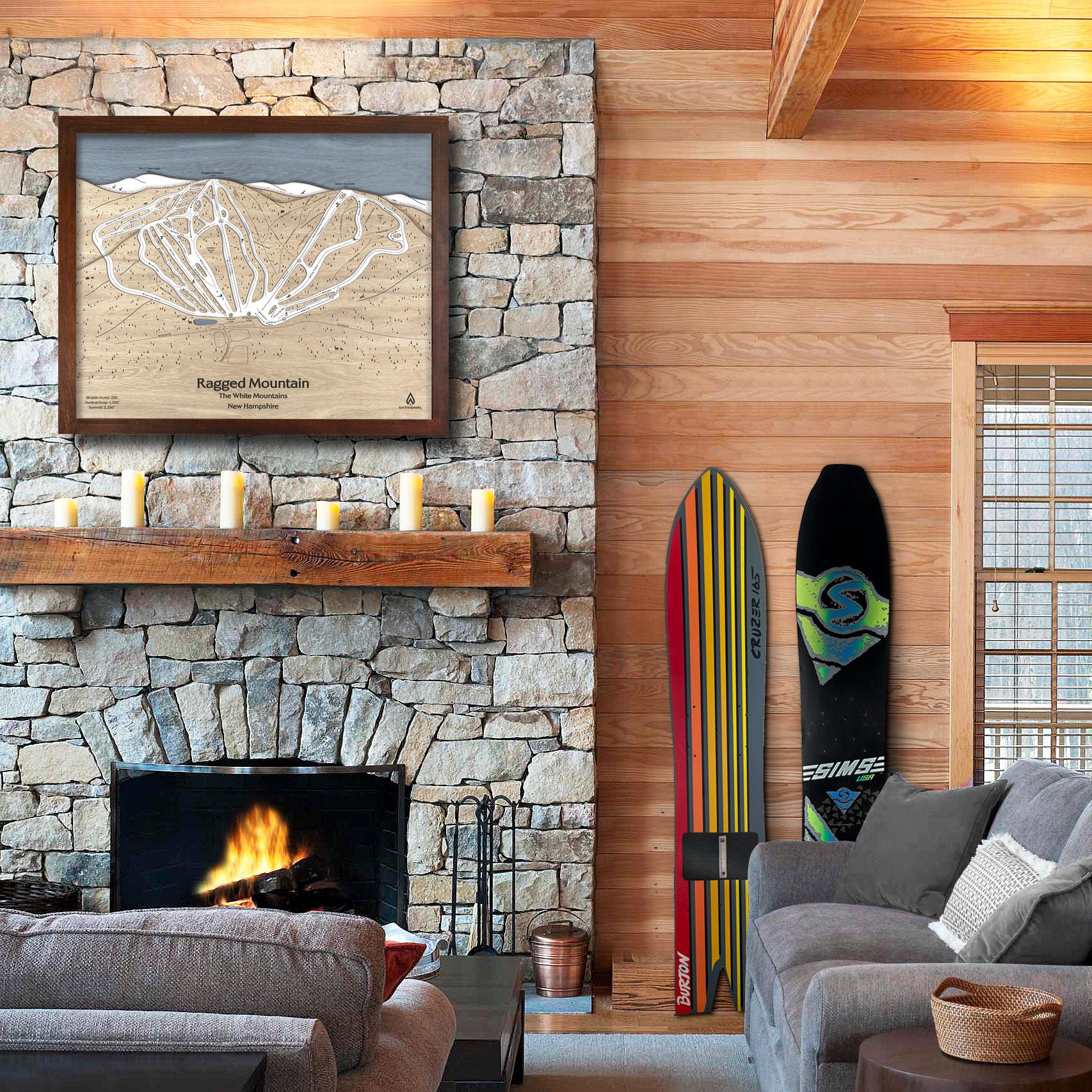 Ragged Mountain Wood Ski Map, Ski House Decor