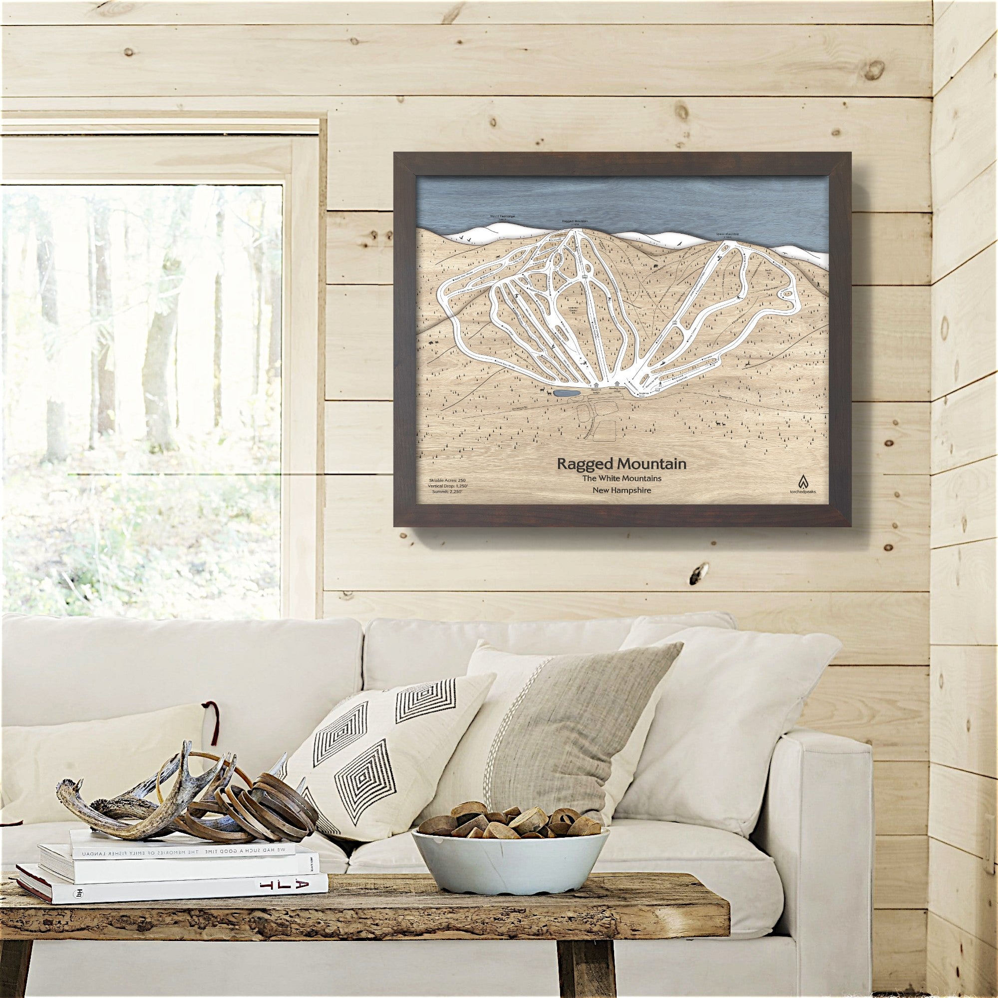 Ragged Mountain NH Wooden Ski Map, Framed Skiing Map