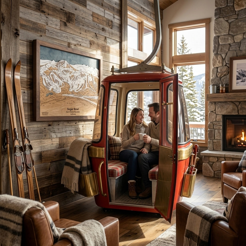 Handcrafted Lake Tahoe wood ski map displayed beside a vintage gondola in a luxury mountain ski cabin.