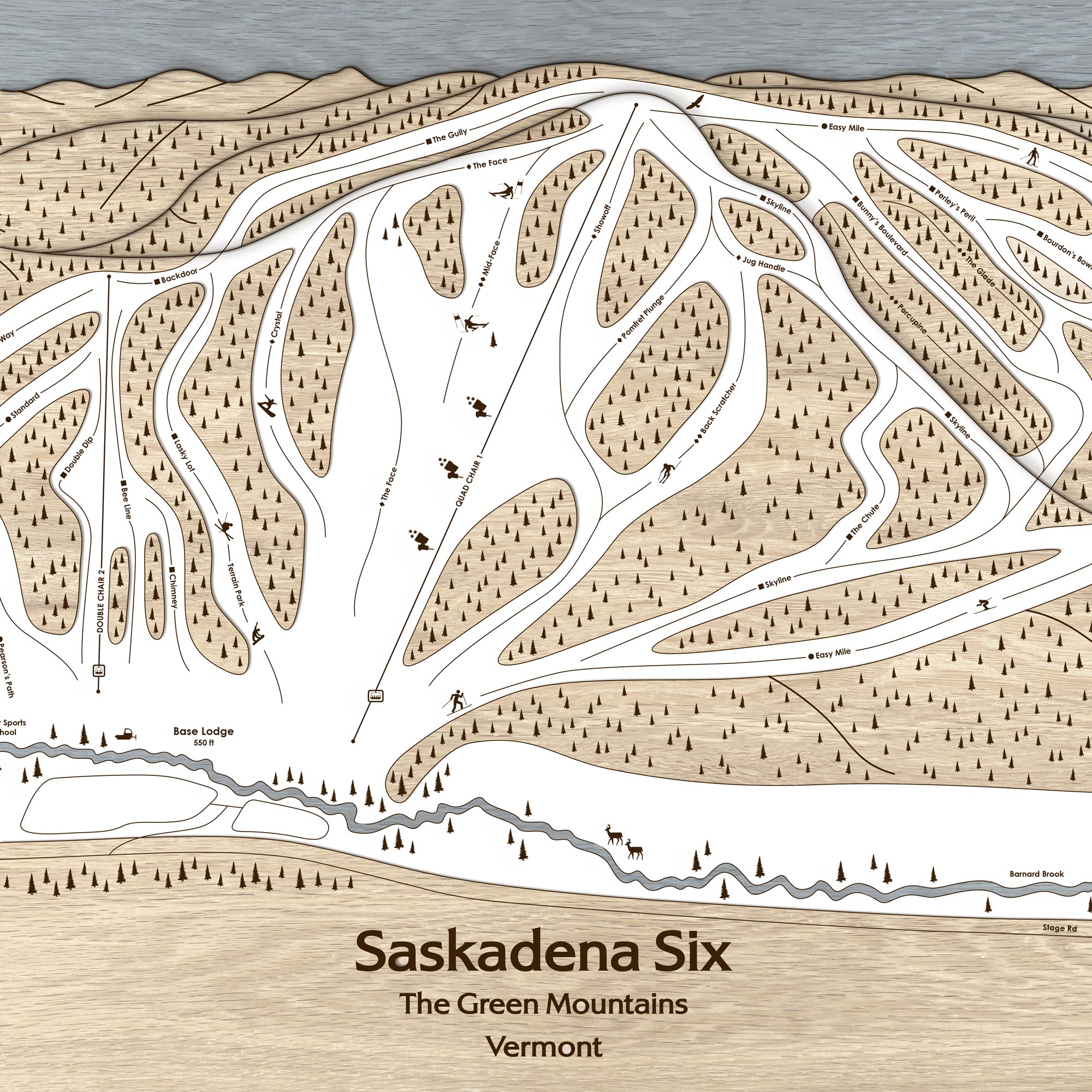 Saskadena Six (formerly Suicide Six) Ski Trail Map | 3D Wood Ski Slope Mountain Art