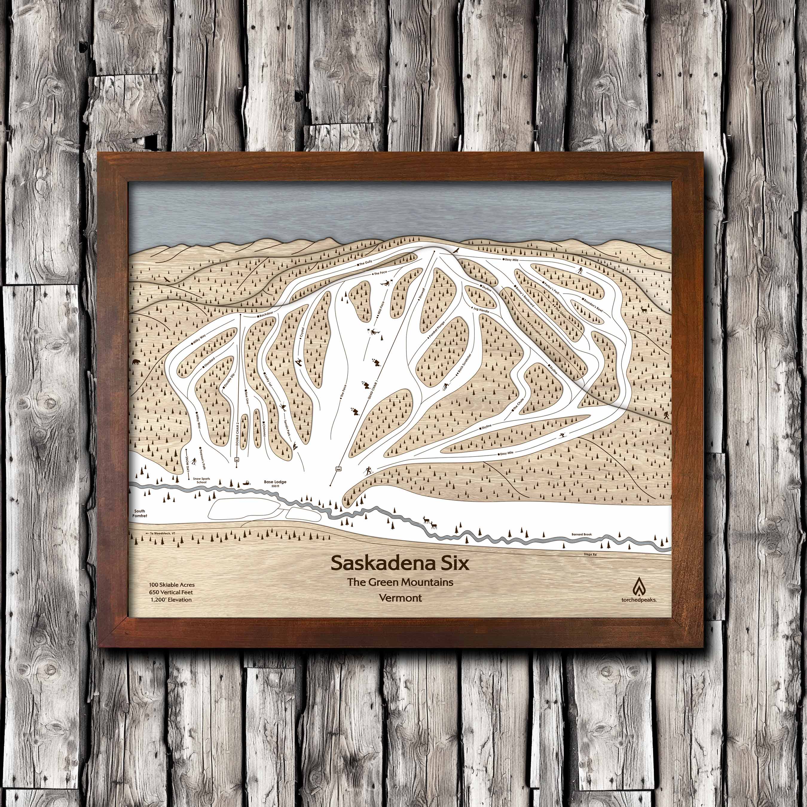 Saskadena Six (formerly Suicide Six) Ski Trail Map | 3D Wood Ski Slope Mountain Art