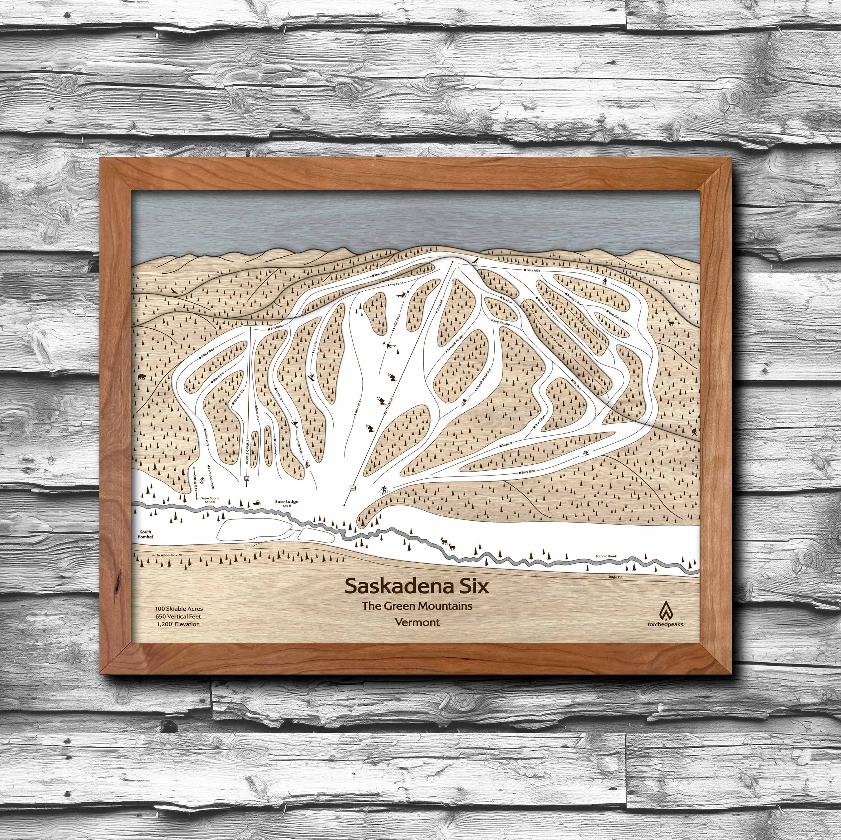 Saskadena Six (formerly Suicide Six) Ski Trail Map | 3D Wood Ski Slope Mountain Art