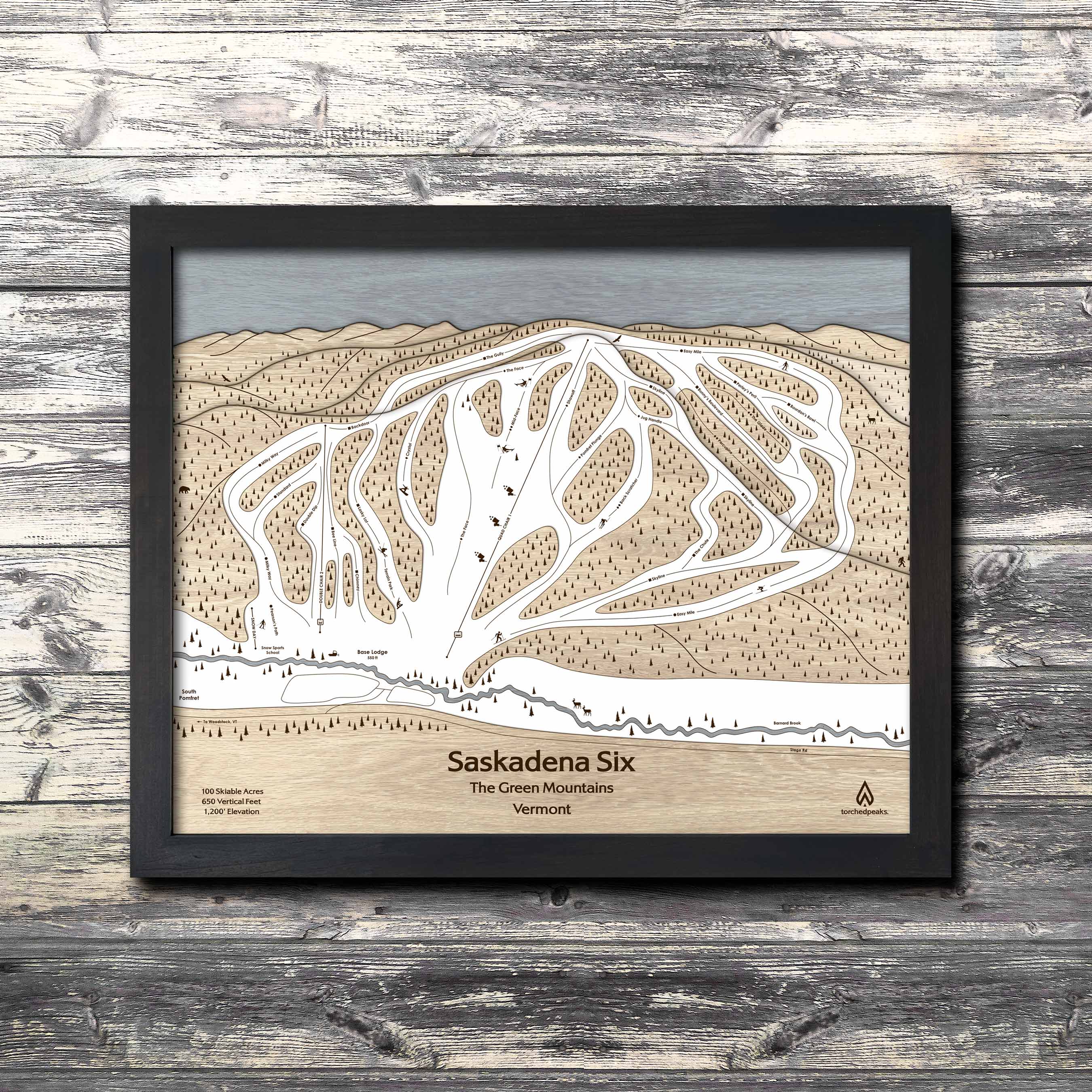 Saskadena Six (formerly Suicide Six) Ski Trail Map | 3D Wood Ski Slope Mountain Art