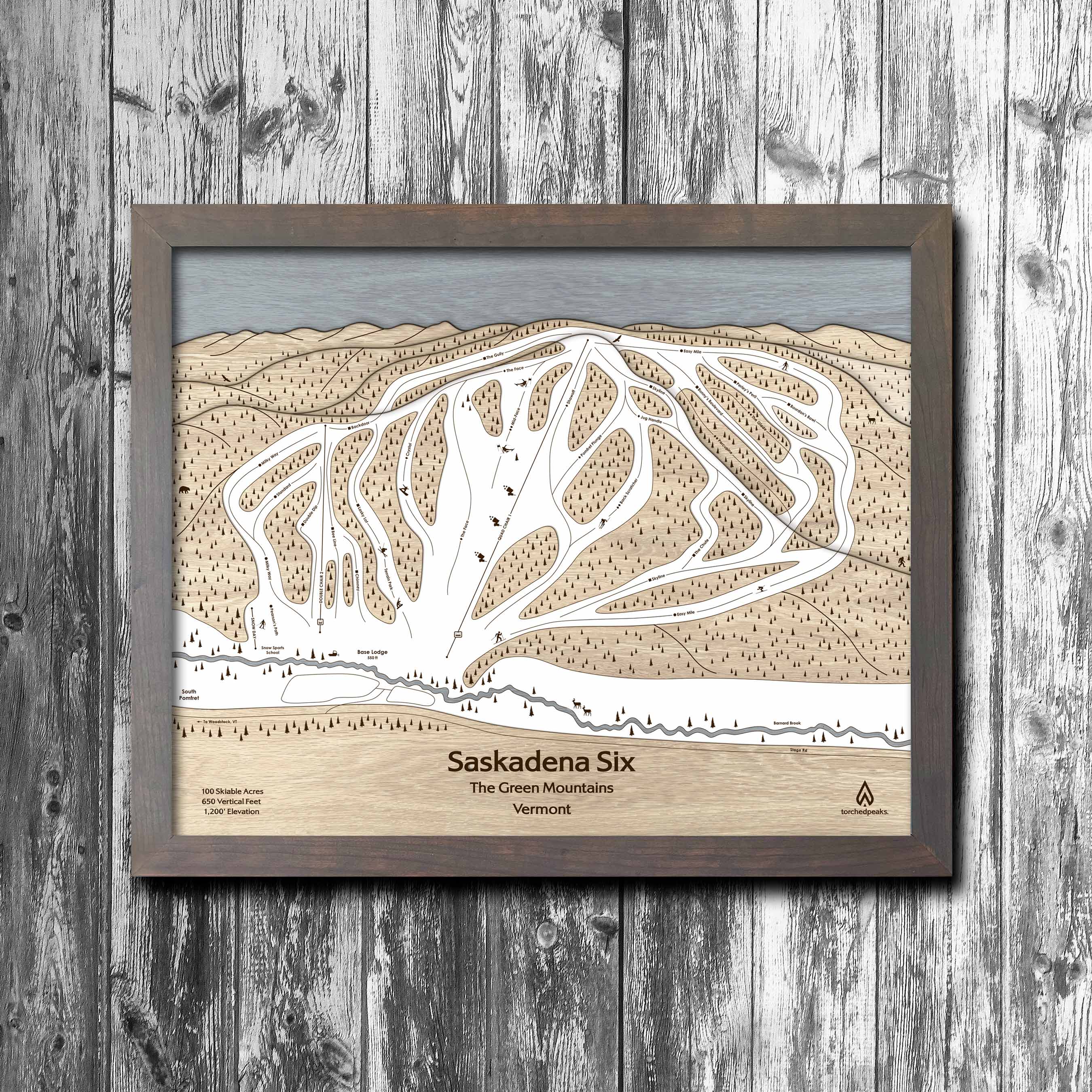 Saskadena Six (formerly Suicide Six) Ski Trail Map | 3D Wood Ski Slope Mountain Art