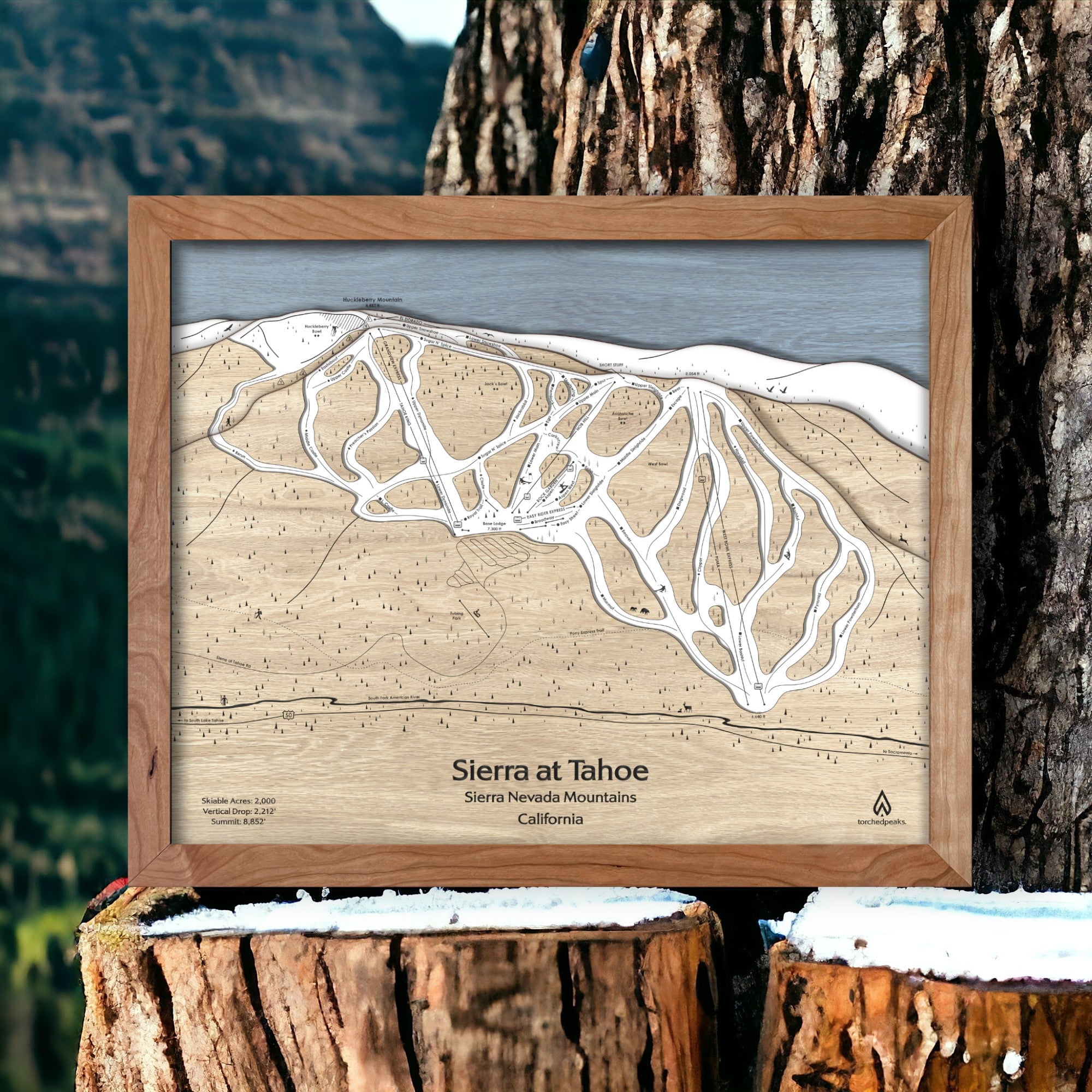 Sierra at Tahoe Map, Wooden Ski Map, Designed by Artist Shawn Orecchio, Torched Peaks