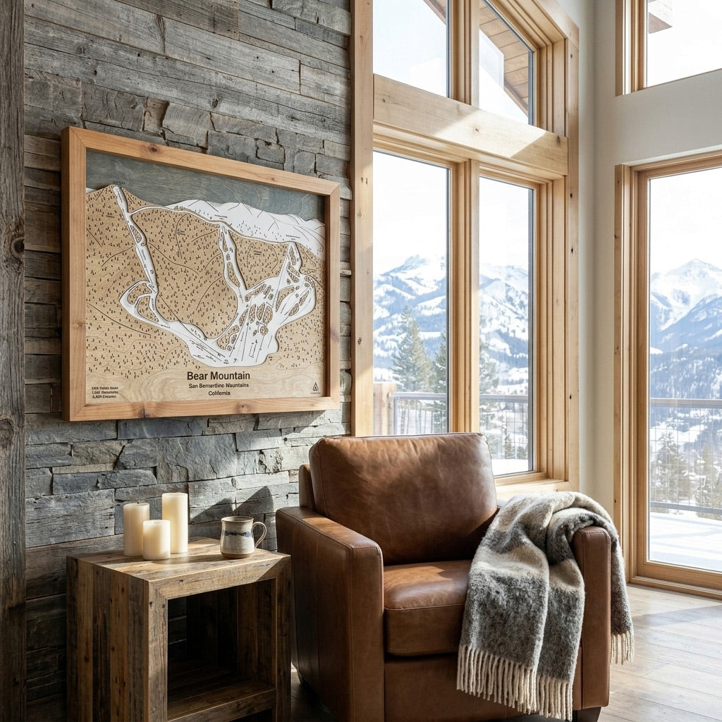 Bear Mountain CA wooden ski trail map displayed in a living room as inspiration for luxury ski decor