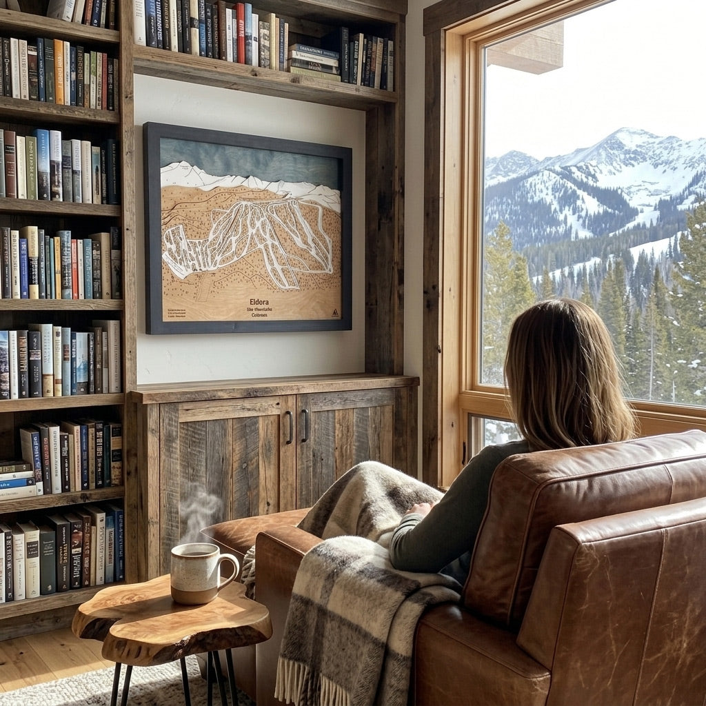 Handcrafted wood ski trail map displayed in a cozy mountain home library reading nook with leather chair, bookshelves, and scenic alpine views through large windows.
