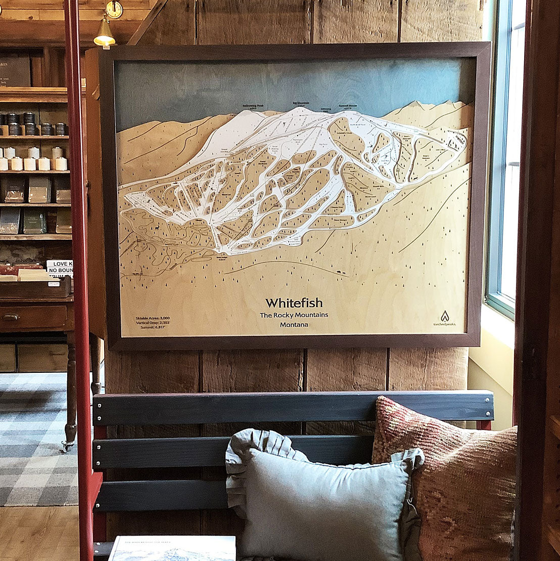 3D wooden ski trail map displayed on a wall as an idea for a unique gift for a skier, snowboarder, mountain homeowner. 