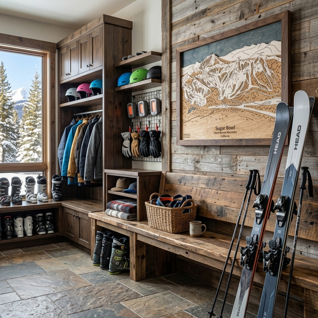 Framed Ski Wall Art displayed as ski decor for a ski locker room