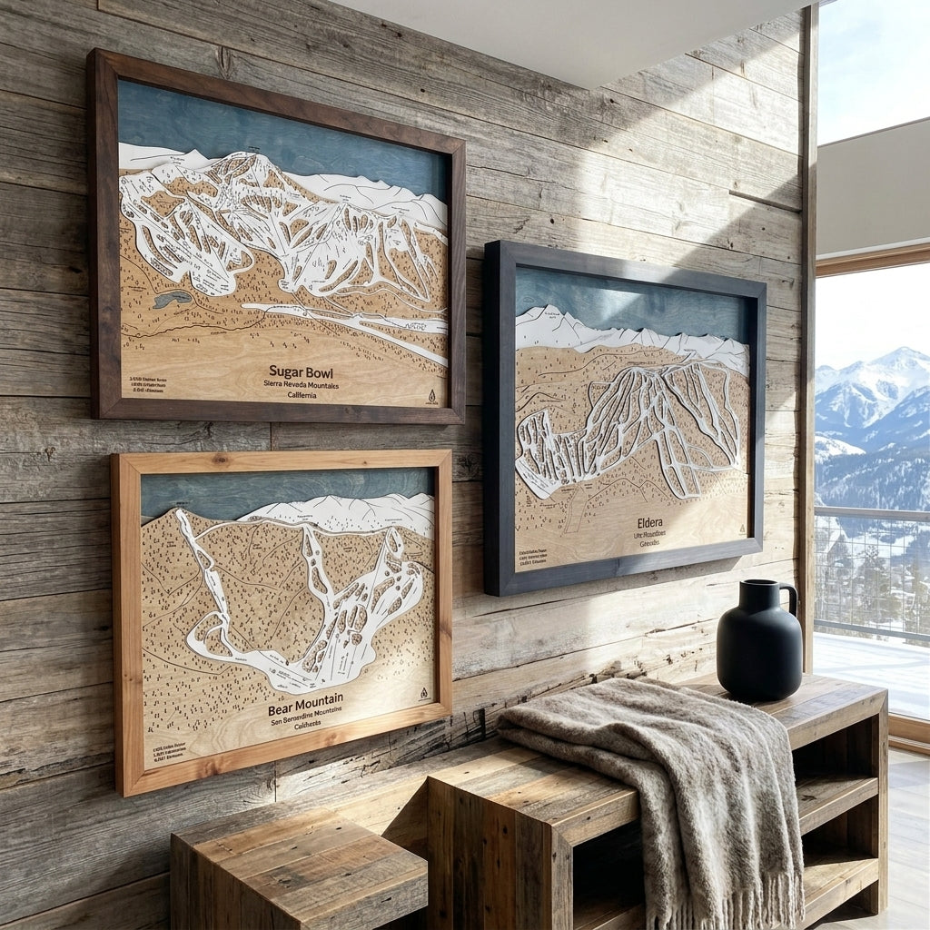 Wooden Ski Resort signs displayed on a wall as a recommendation for ski lodge wall art ideas. 