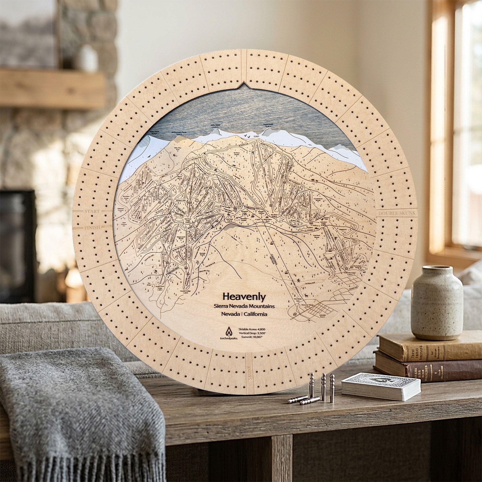 Handcrafted Ski Map Cribbage Board with three-player layout and engraved ski trail map