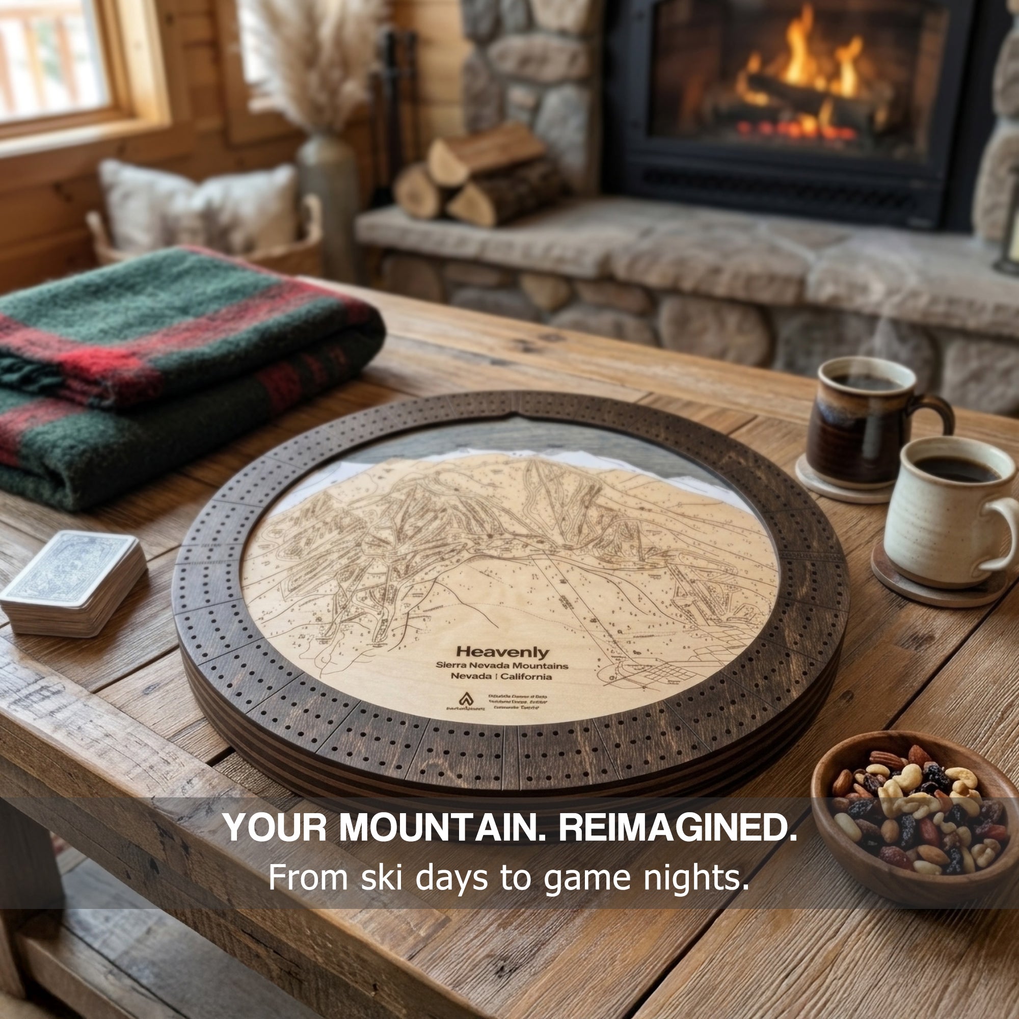 Handcrafted Ski Map Cribbage Board displayed in a mountain cabin, a unique ski gift and heirloom board game.