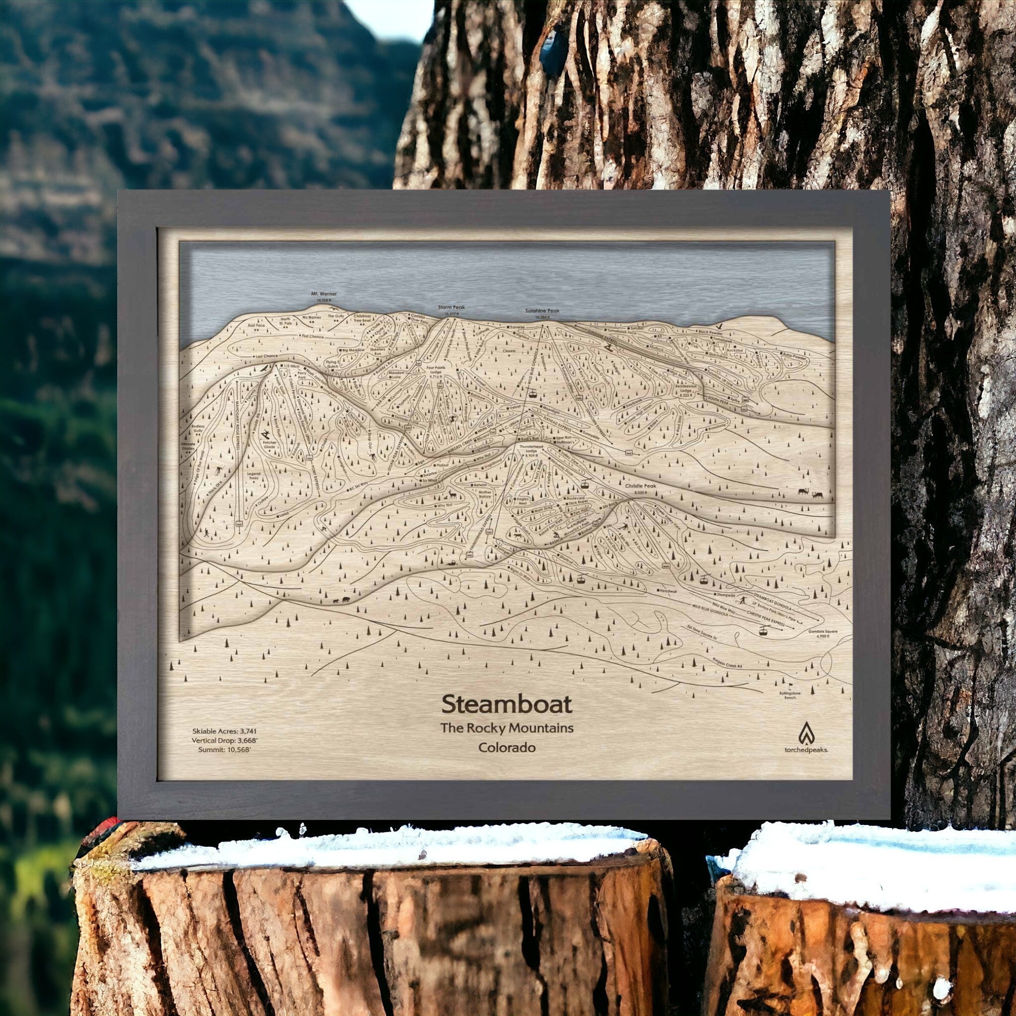 A Wooden Steamboat Ski Trail Map Laser Engraved for Home or Office Decor