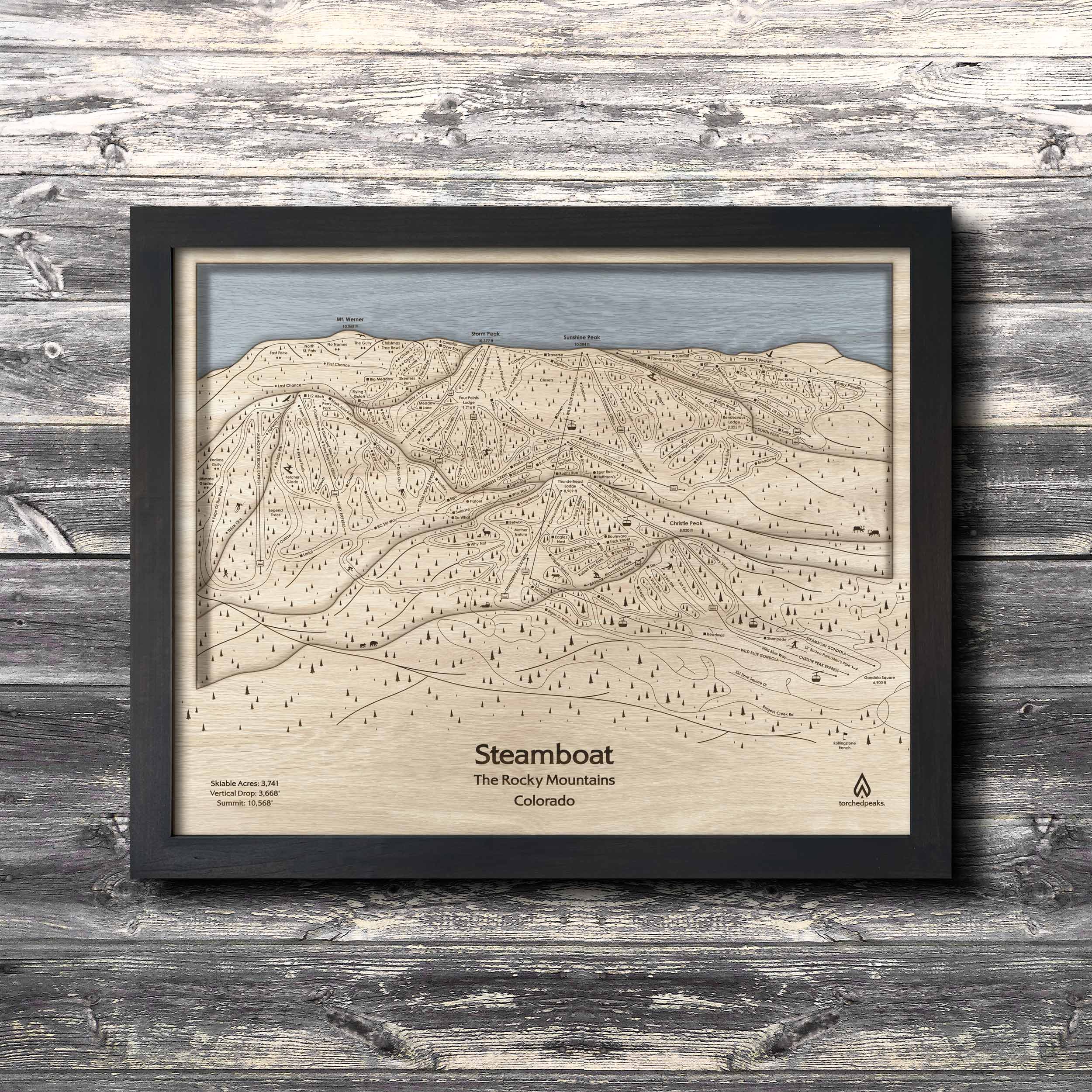 Steamboat Ski Trail Map | 3D Wood Wall Map, Black Frame