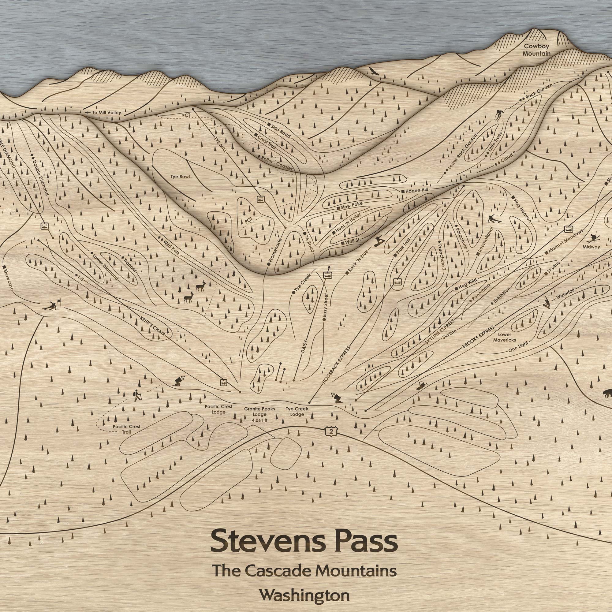 Stevens Pass WA Ski Trail Map | 3D Wood Mountain Art, Skiing Decor, Laser Engraved