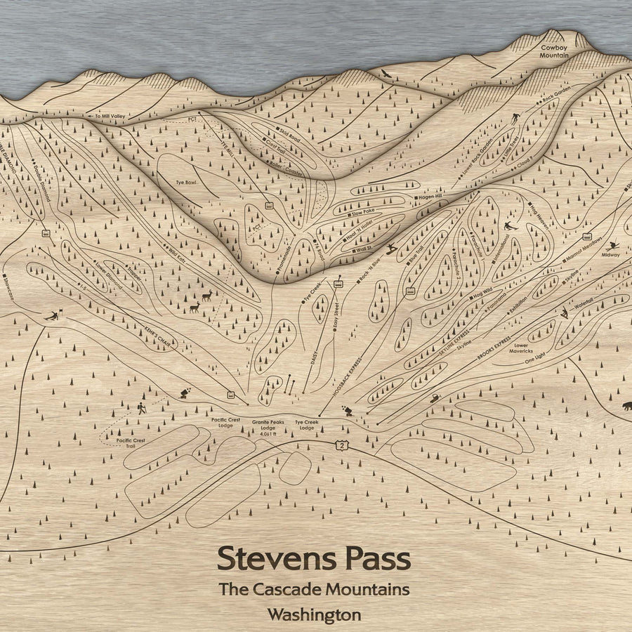 Stevens Pass WA Ski Trail Map | 3D Wood Mountain Art, Skiing Decor, Laser Engraved
