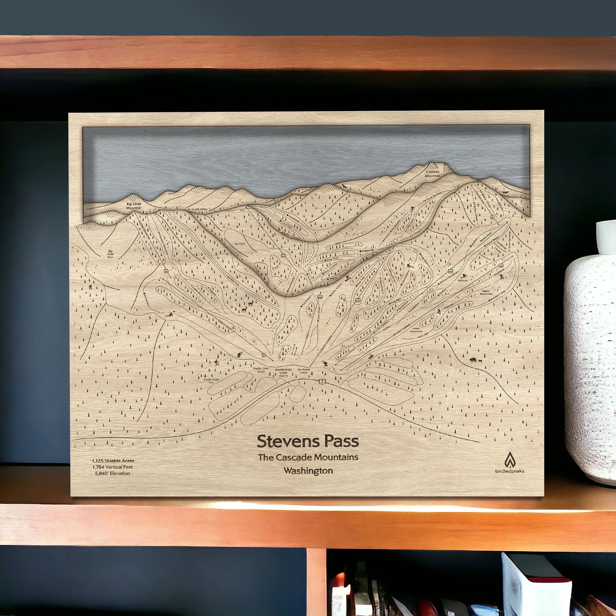 Skiing Decor: 3D Wood Map of Stevens Pass in Washington