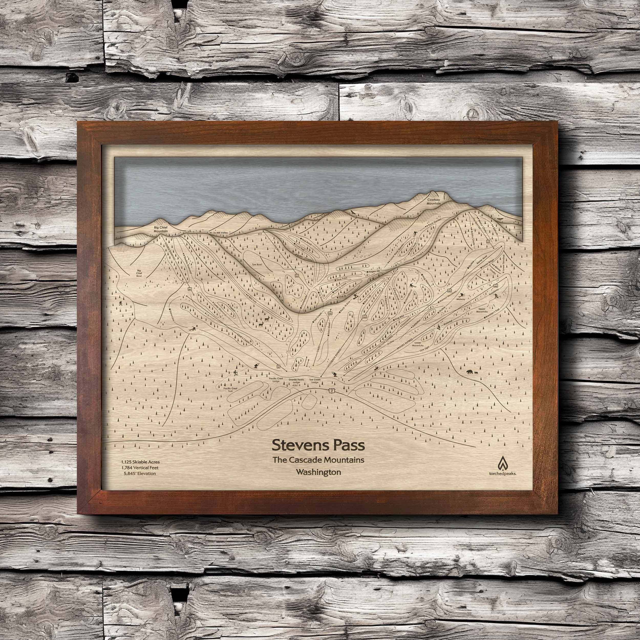 Stevens Pass WA Ski Trail Map | 3D Wood Mountain Art, Skiing Decor