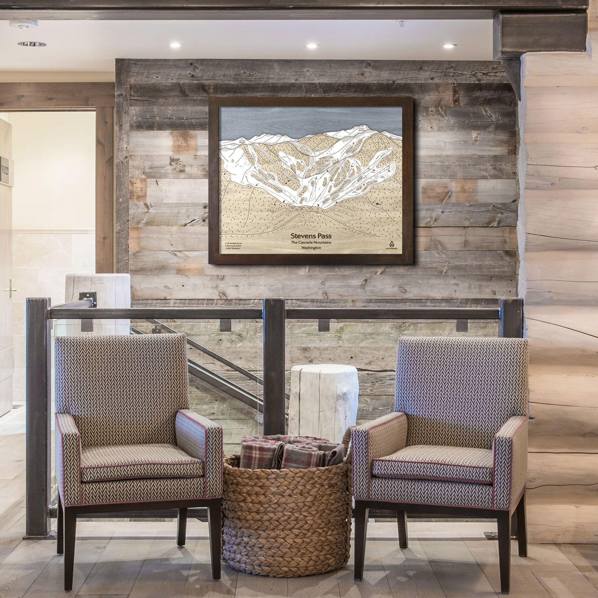 Stevens Pass WA Ski Trail Map | 3D Wood Mountain Art | Torched Peaks