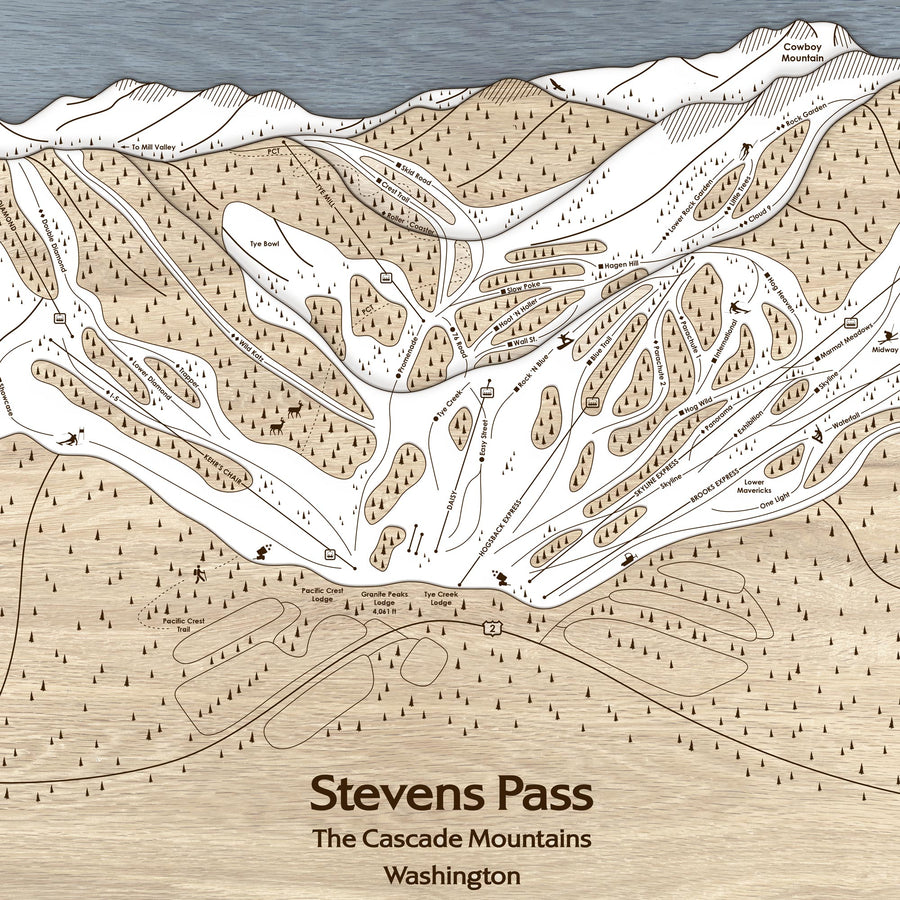 Stevens Path Stevens Pass, WA Ski Trail Map Art | 3D Wood Mountain Art
