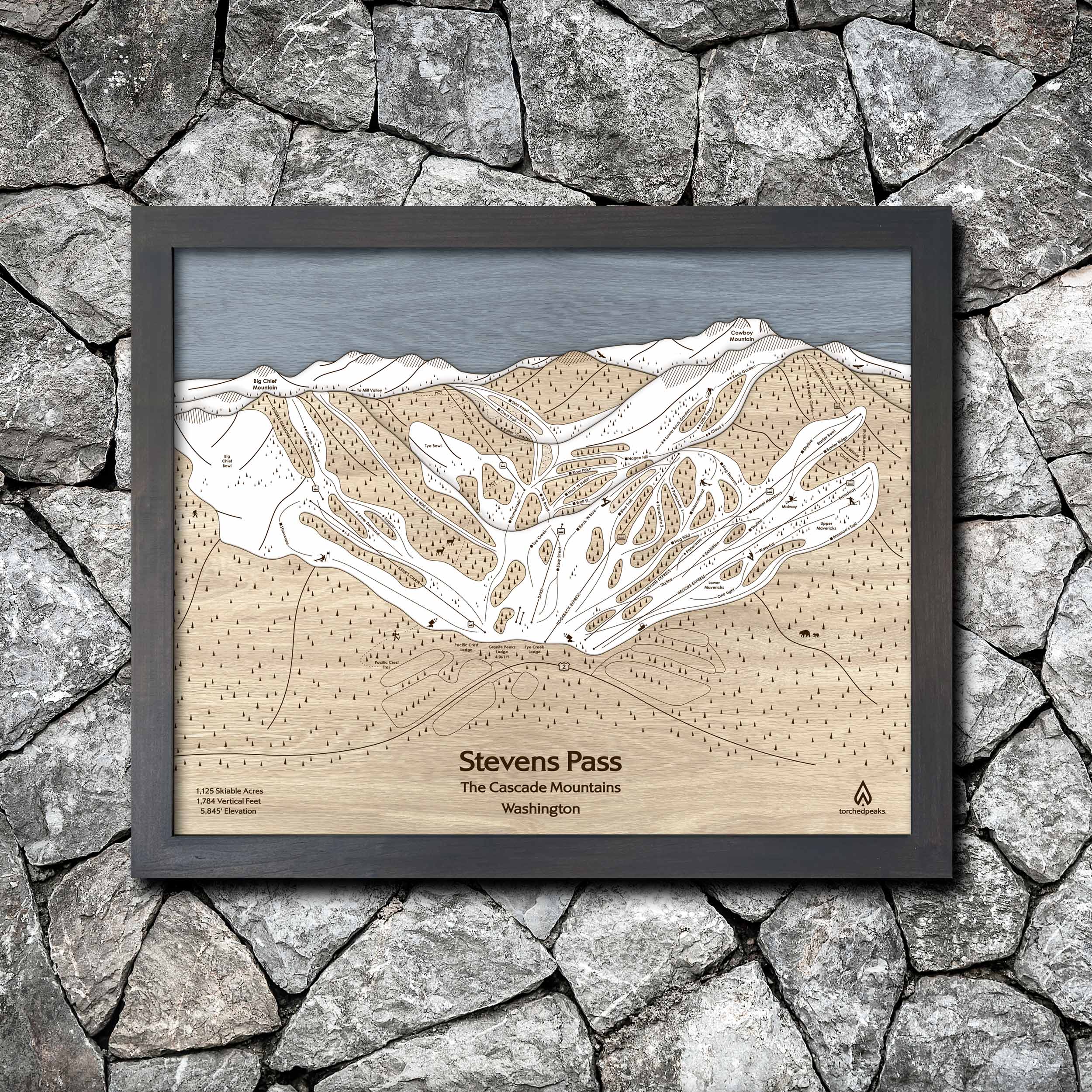 Stevens Pass WA Ski Trail Map | 3D Wood Mountain Art | Torched Peaks