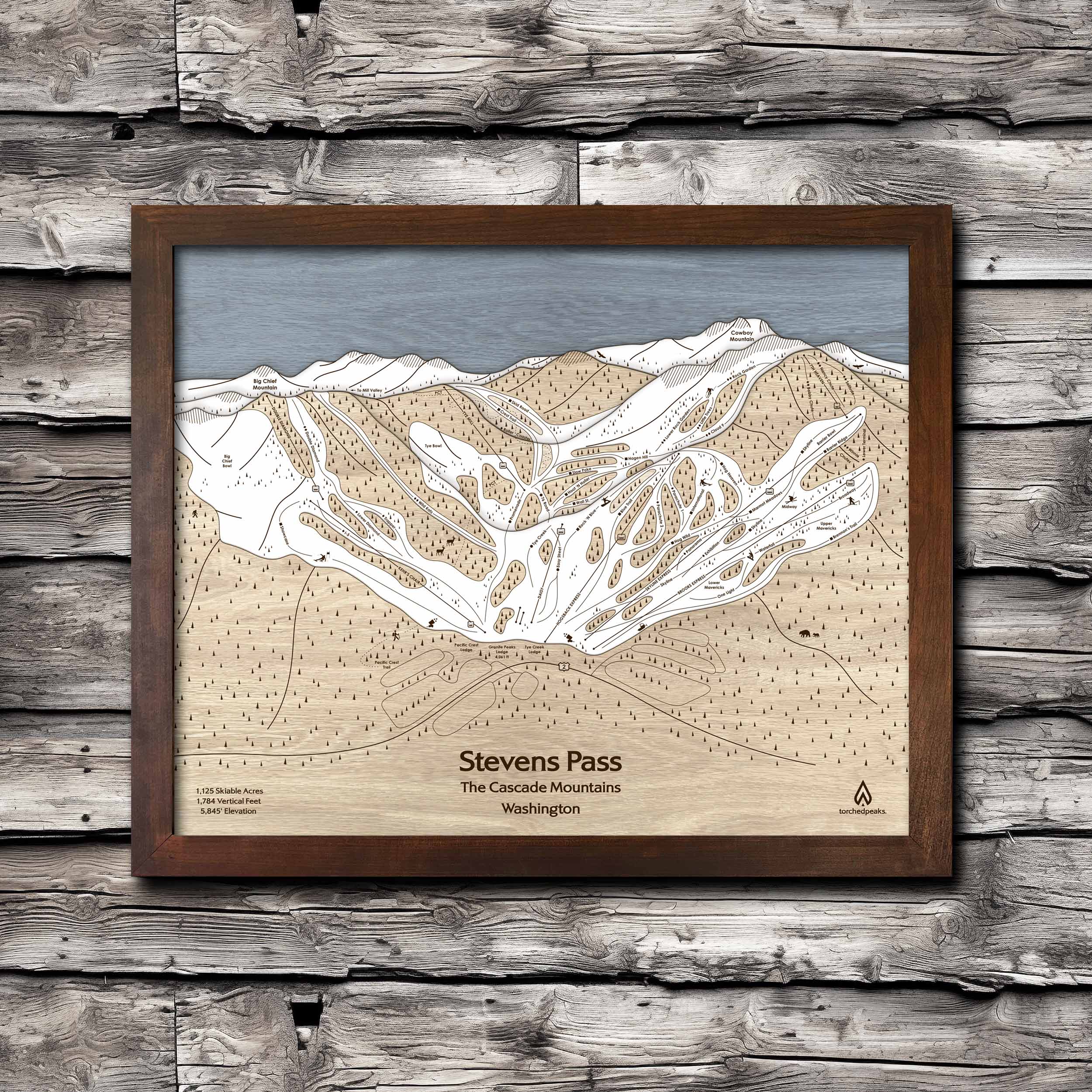 Stevens Pass WA Ski Trail Map | 3D Wood Mountain Art | Torched Peaks