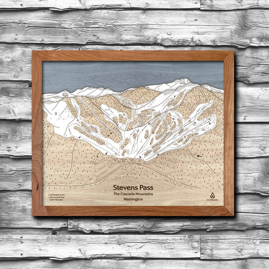 Stevens Pass WA Ski Trail Map | 3D Wood Mountain Art | Torched Peaks