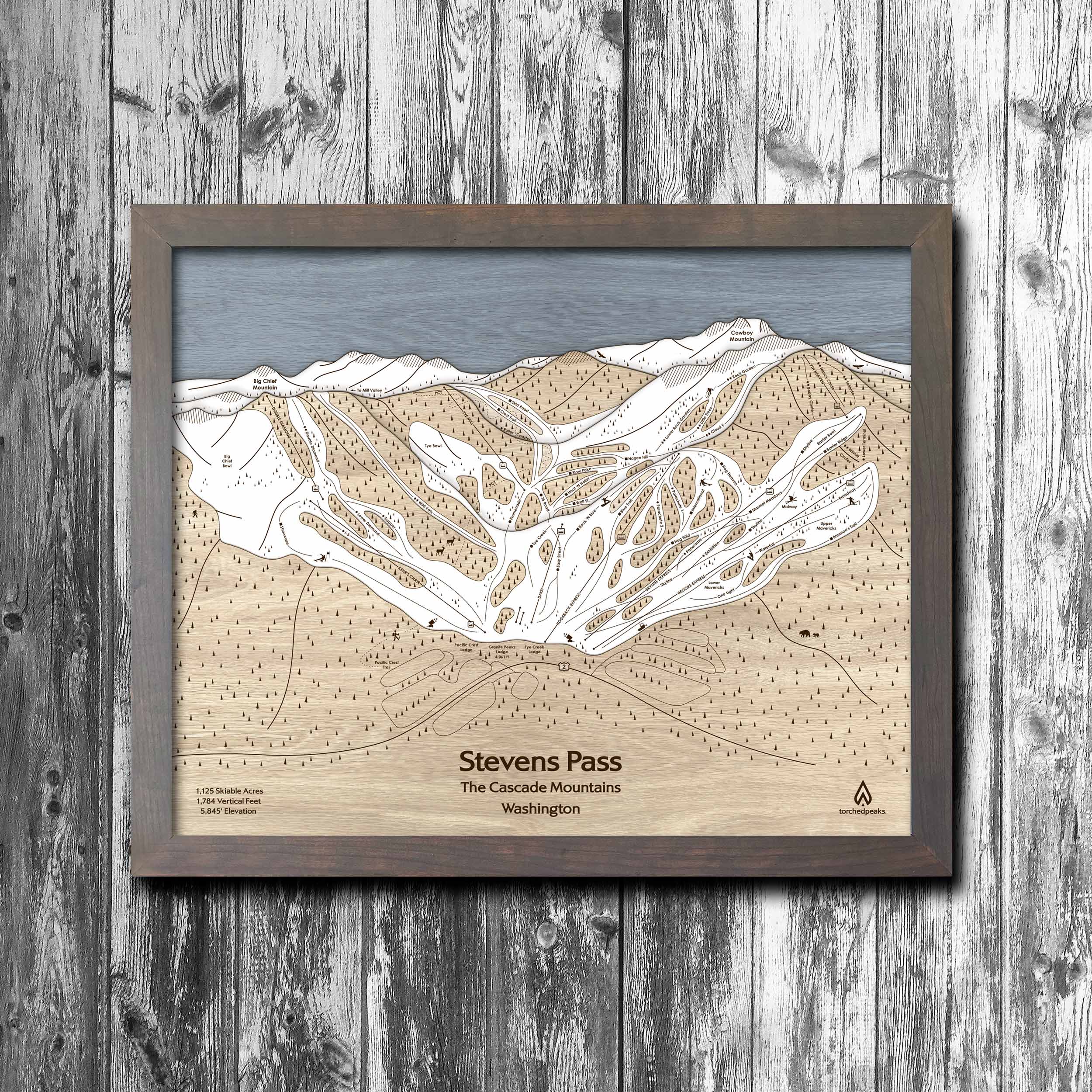 Stevens Pass WA Ski Trail Map | 3D Wood Mountain Art | Torched Peaks