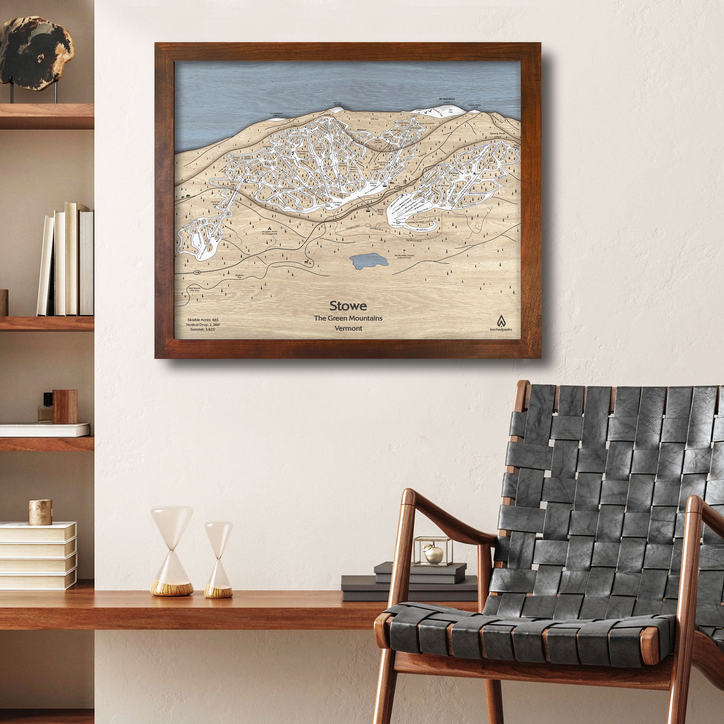 Stowe Vermont Ski Trail Map, Framed Wooden Ski Map by Torched Peaks