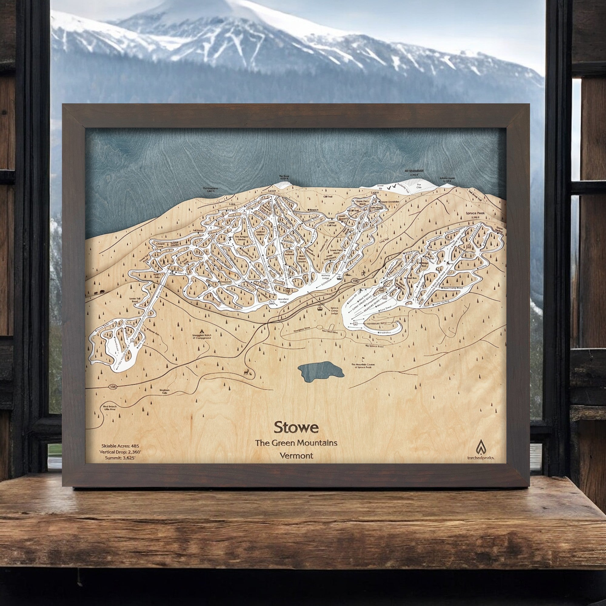 Stowe Vermont Wood Ski Map, Skiing Wall Art