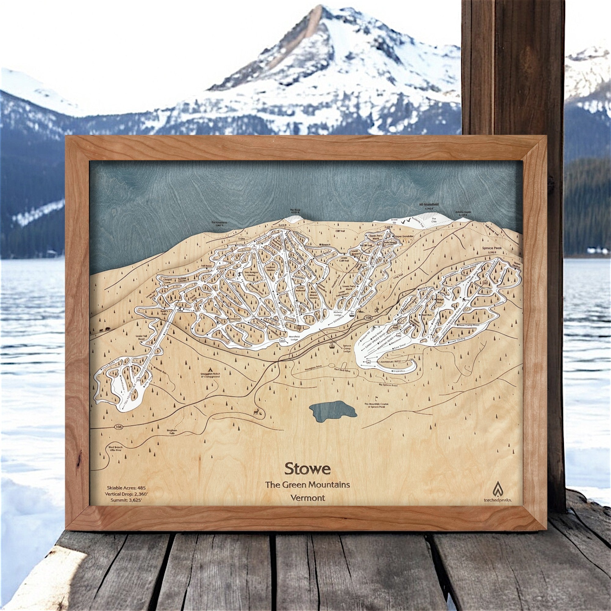 Stowe VT Ski Slopes Map, Framed Skiing Map, Ski Cabin Decor
