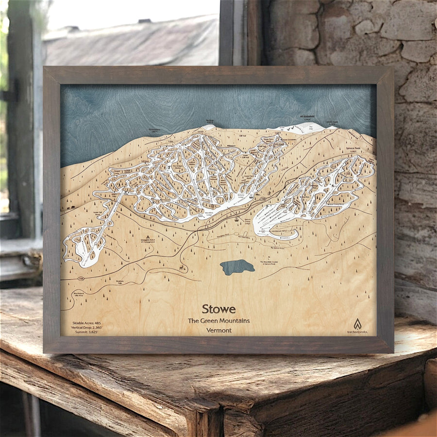 Stowe Ski Trail Map, Framed Skiing Poster, Torched Peaks Map