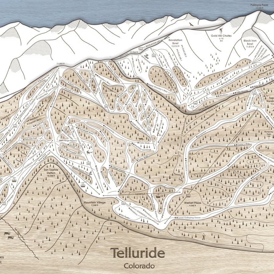 Telluride Ski Trail Map | 3D Layered Wood Mountain Art | Torched Peaks