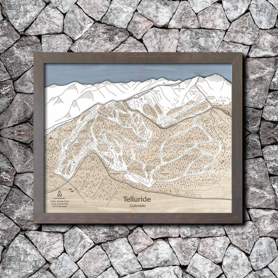 Telluride Ski Trail Map | 3D Layered Wood Mountain Art | Torched Peaks