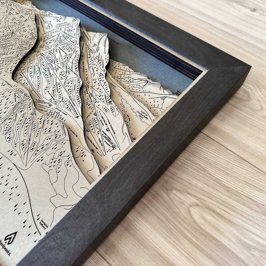 3d layered wood ski trail maps designed by Shawn Orecchio, Artist for Torched Peaks Mountain Art