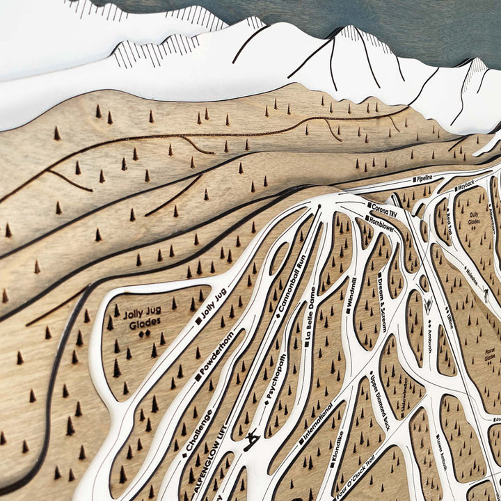Torched Peaks laser engraved ski trail maps features multiple layers of natural wood. 