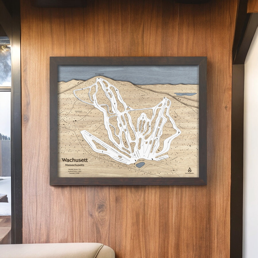 Wachusett Massachusetts Ski Trail Map, Laser-engraved in wood, Designed by Artist Shawn Orecchio, former pro snowboarder