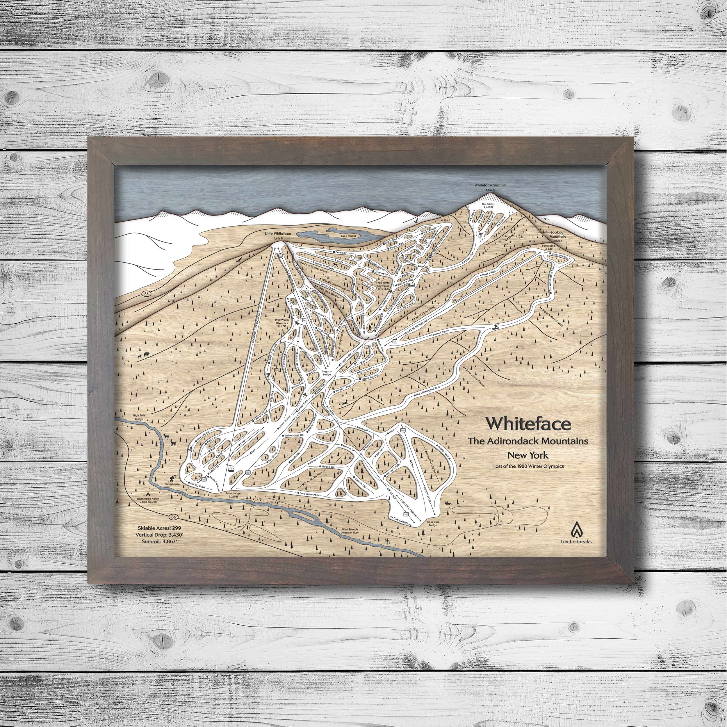 Whiteface Mountain Wood Map, Ski House Decor, Skiing Art