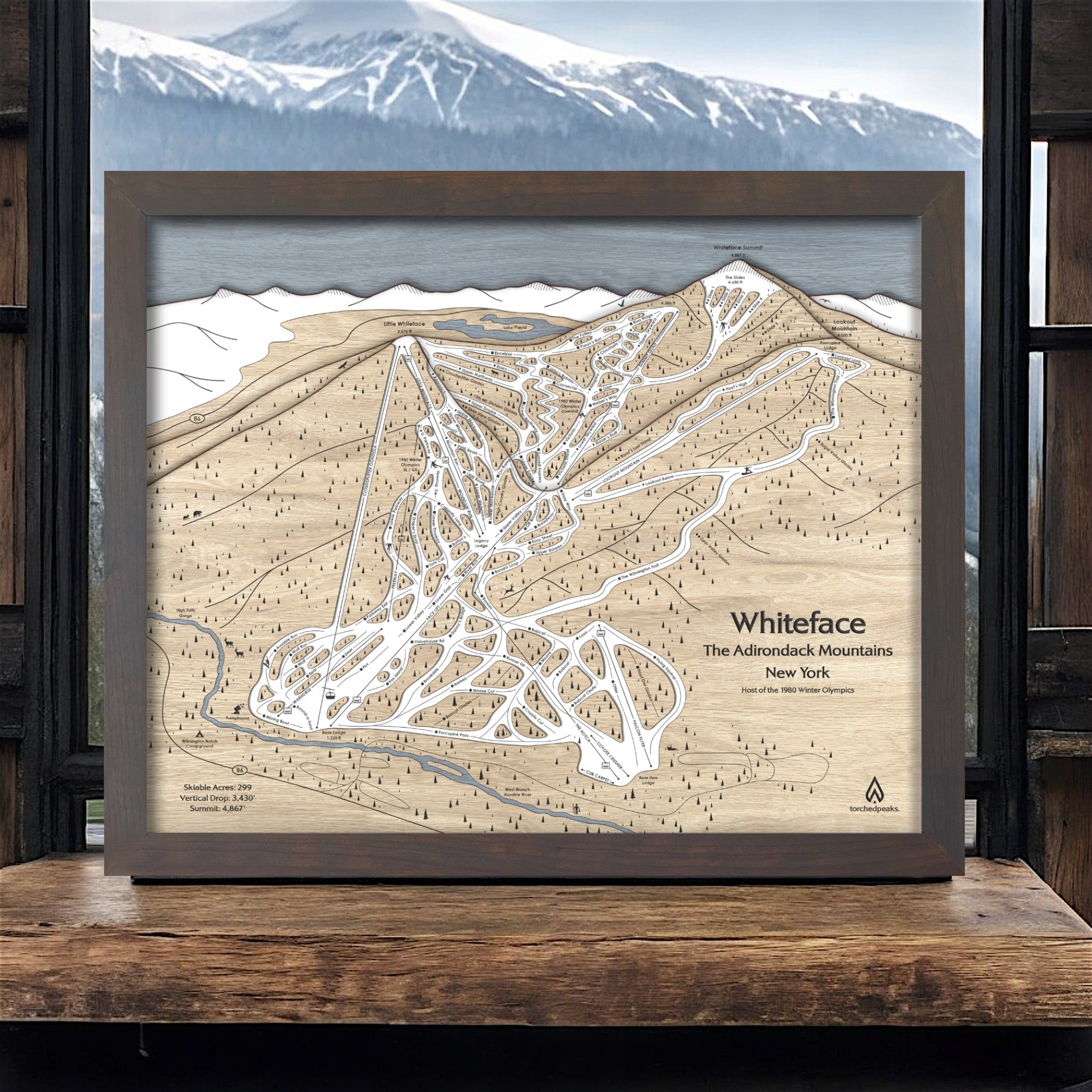 Ski House Decor, Skiing Art, Whiteface Mountain Ski Slopes Map engraved in wood