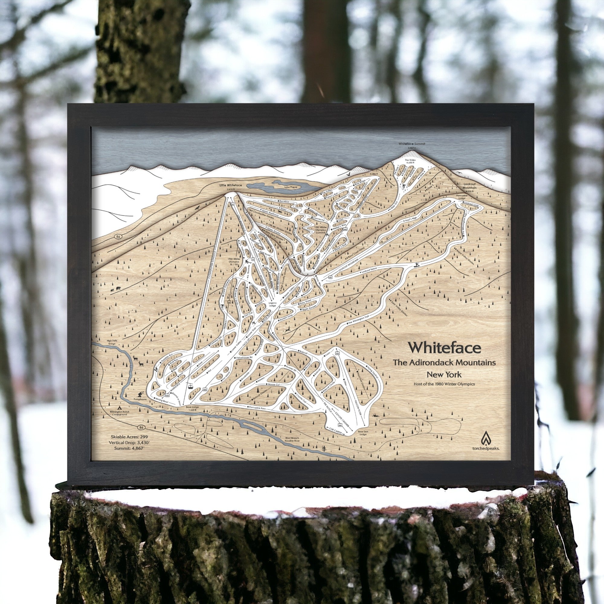Whiteface NY Wooden Ski Map, Torched Peaks Ski Maps