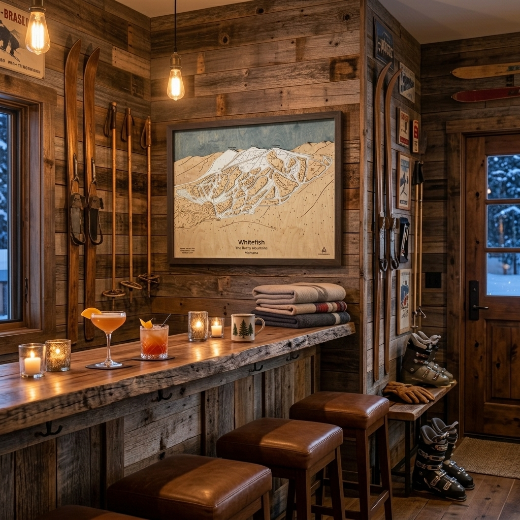 whitefish wooden ski resort map displayed in a mountain home bar as inspiration for apres ski decor