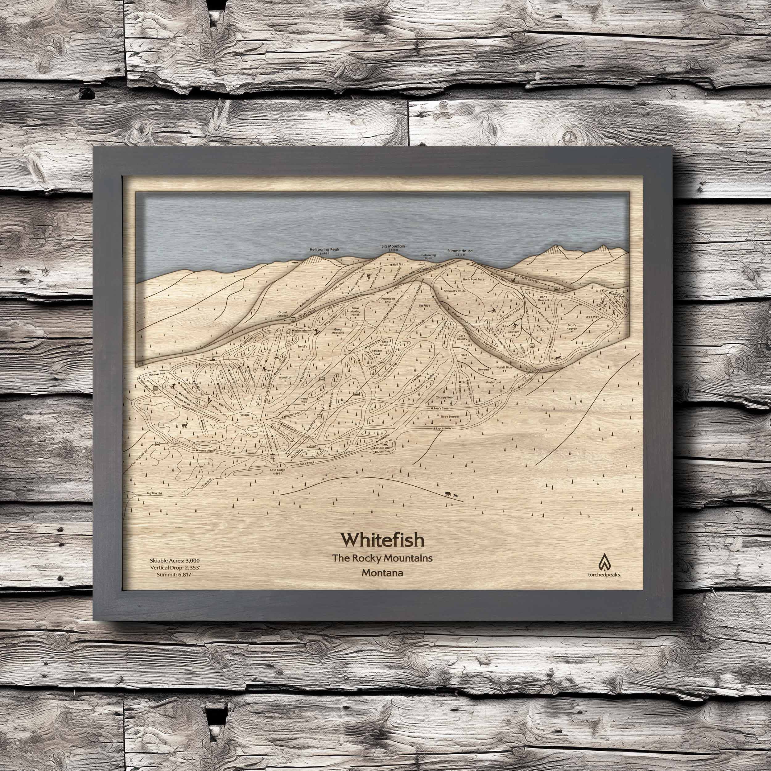 3D Whitefish Ski Trail Map, Wood Mountain Art