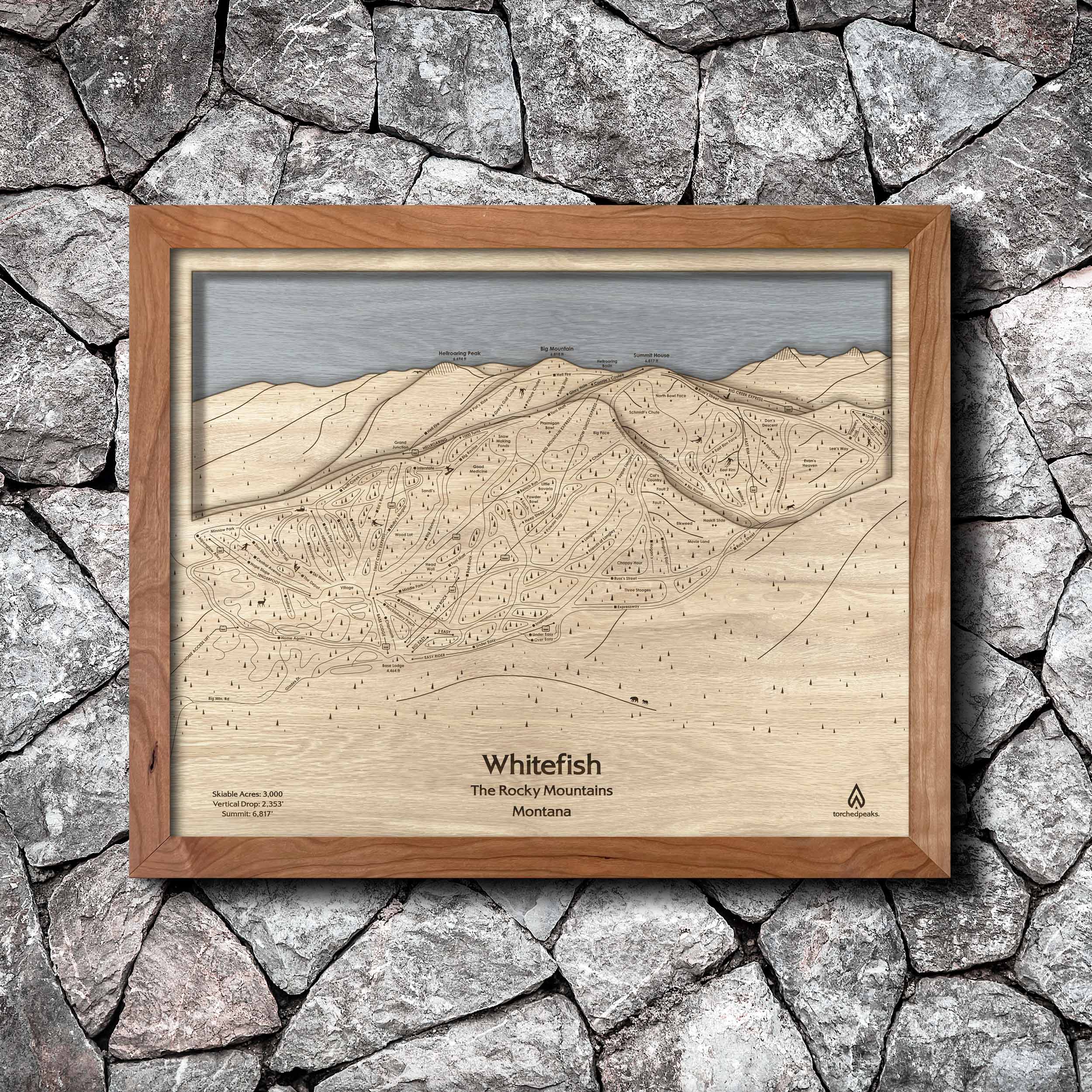 Wooden Whitefish Ski Trail Map, Laser-engraved Map