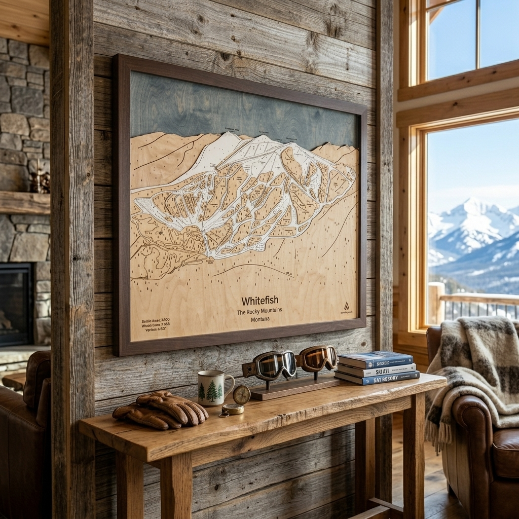 whitefish ski resort map, framed and displayed in a luxury ski  home as an idea for unique ski wall art