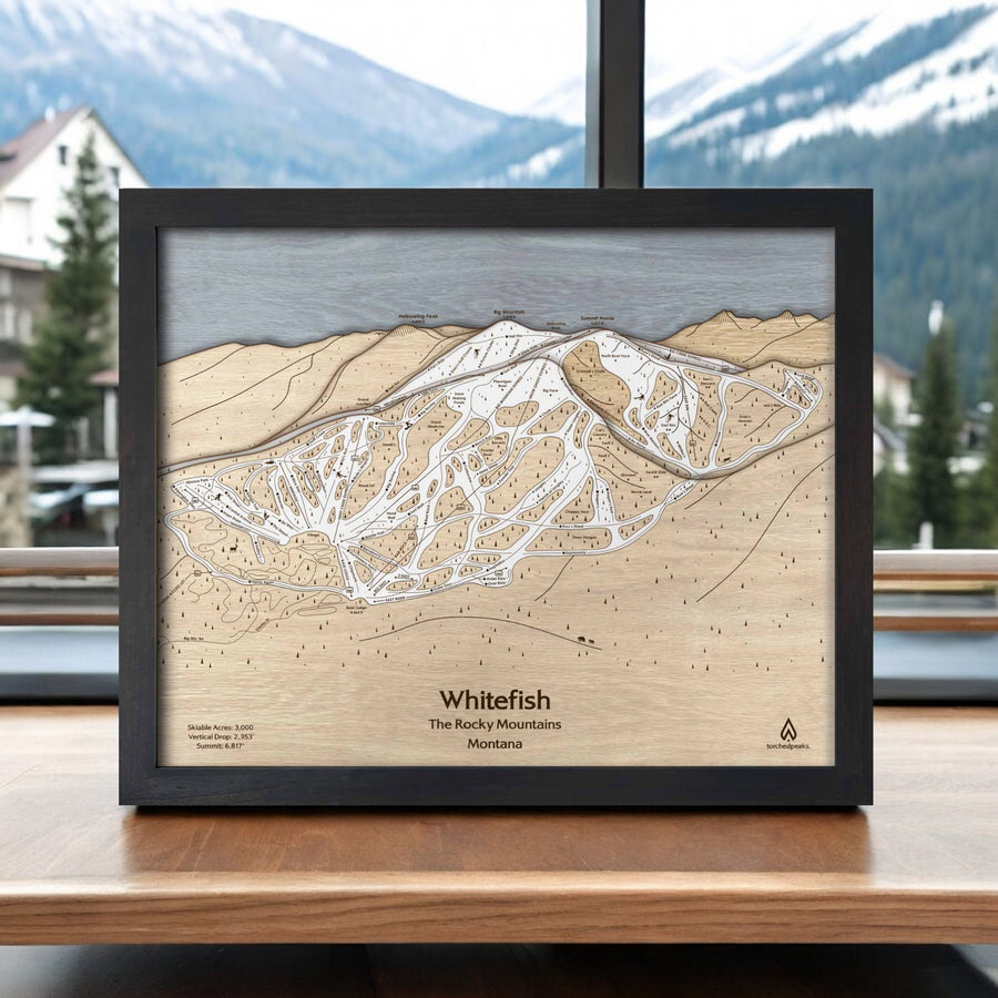 Whitefish Montana Ski Trail Map, 3D Wood Mountain Art