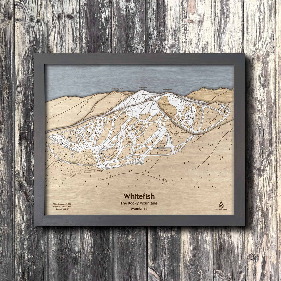 Whitefish Montana Wooden Ski Trail Map, Rustic Mountain Art
