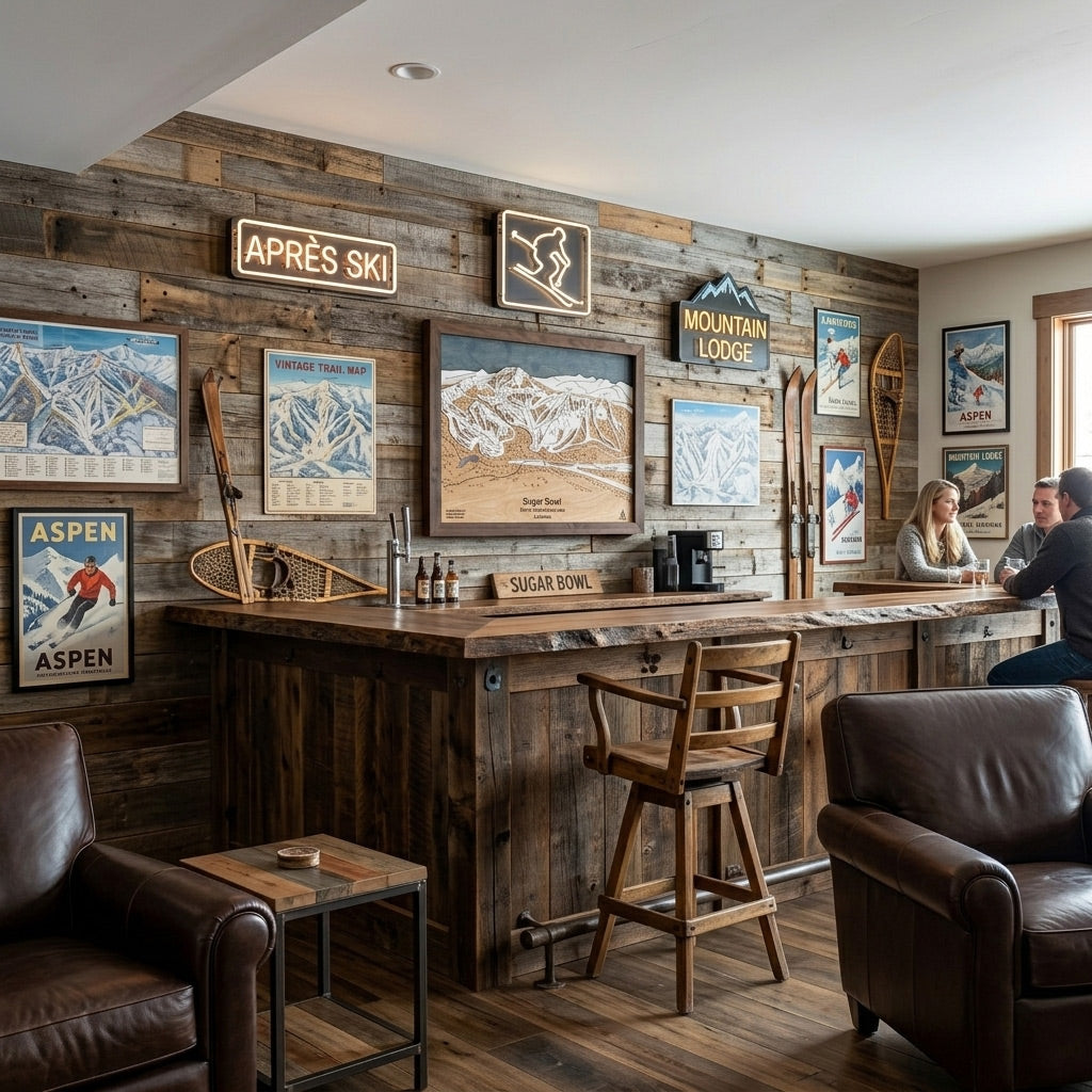 Handcrafted ski map displayed in a luxury mountain home bar inspired by classic après ski culture.