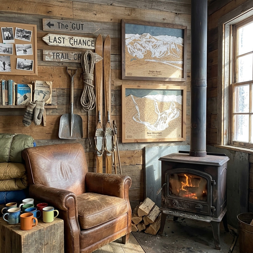 Wooden ski resort maps displayed in a rustic chic ski cabin with wood stove and distressed leather chair. 