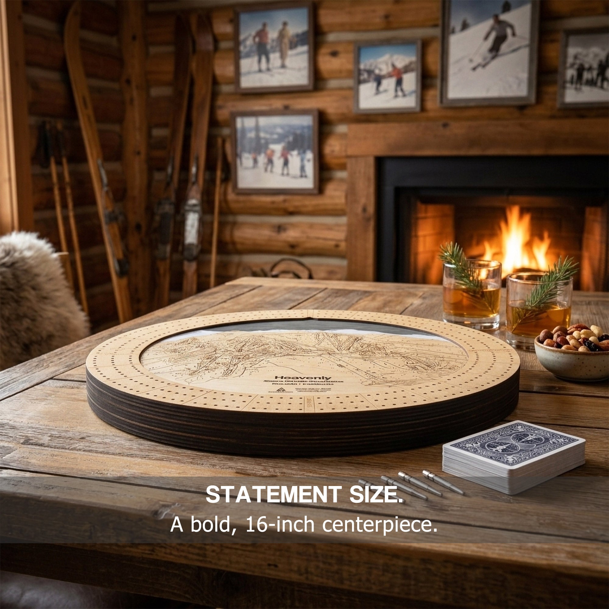 Oversized 16-inch Ski Map Cribbage Board handcrafted for ski cabins, mountain homes, and family game nights.